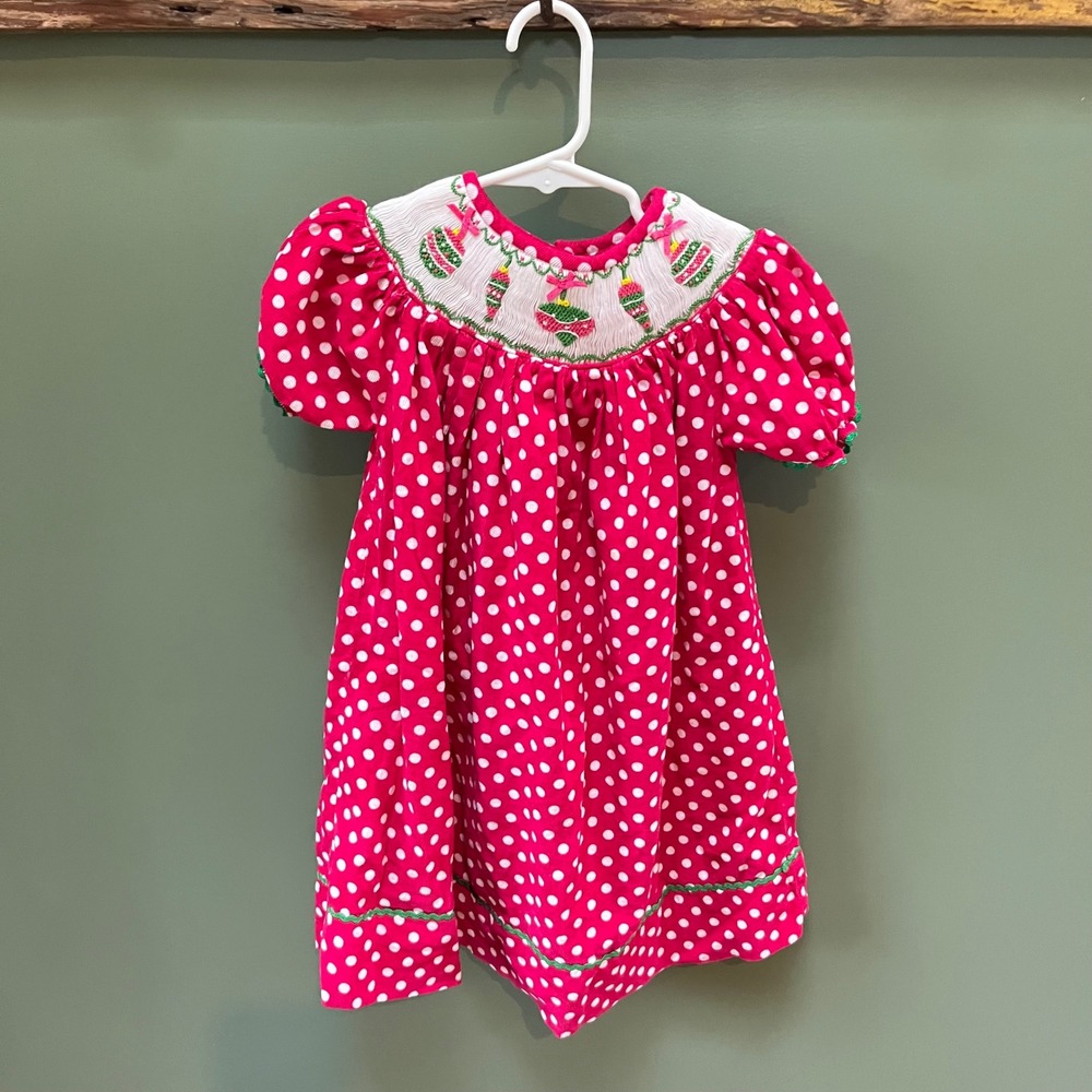 Smocked or Not Kids Dress Size 2 Pink White Polka Dot Smock Christmas‎ Ornaments